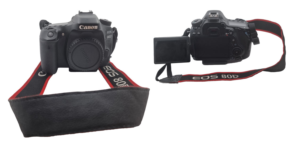 Aktuelle Kamera Canon 80d, 2 Fotos je Vorderseite und Rückseite mit Original-Kameragurt